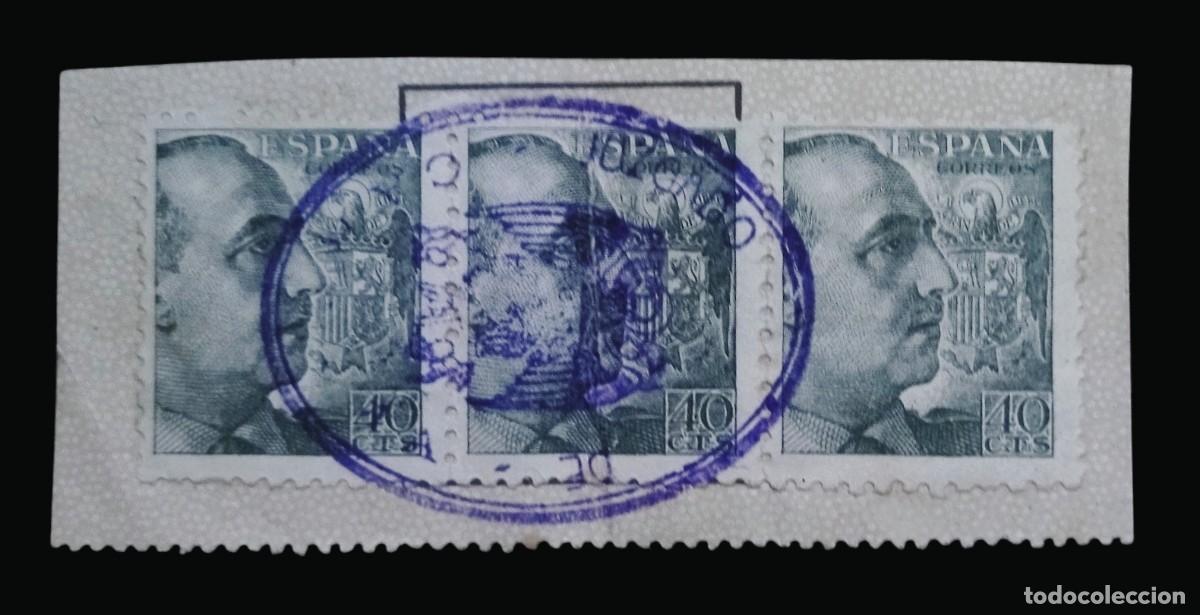 Sellos: GENERAL FRANCO 1940. TIRA DE 3 CON MATASELLOS DE JUZGADO. USADO.