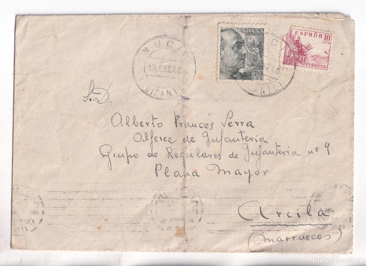 Sellos: SOBRE. LA NUCIA. ALICANTE. 1946. A UN ALF&Eacute;REZ EN ARCILA, MARRUECOS. RODILLO DE LLEGADA