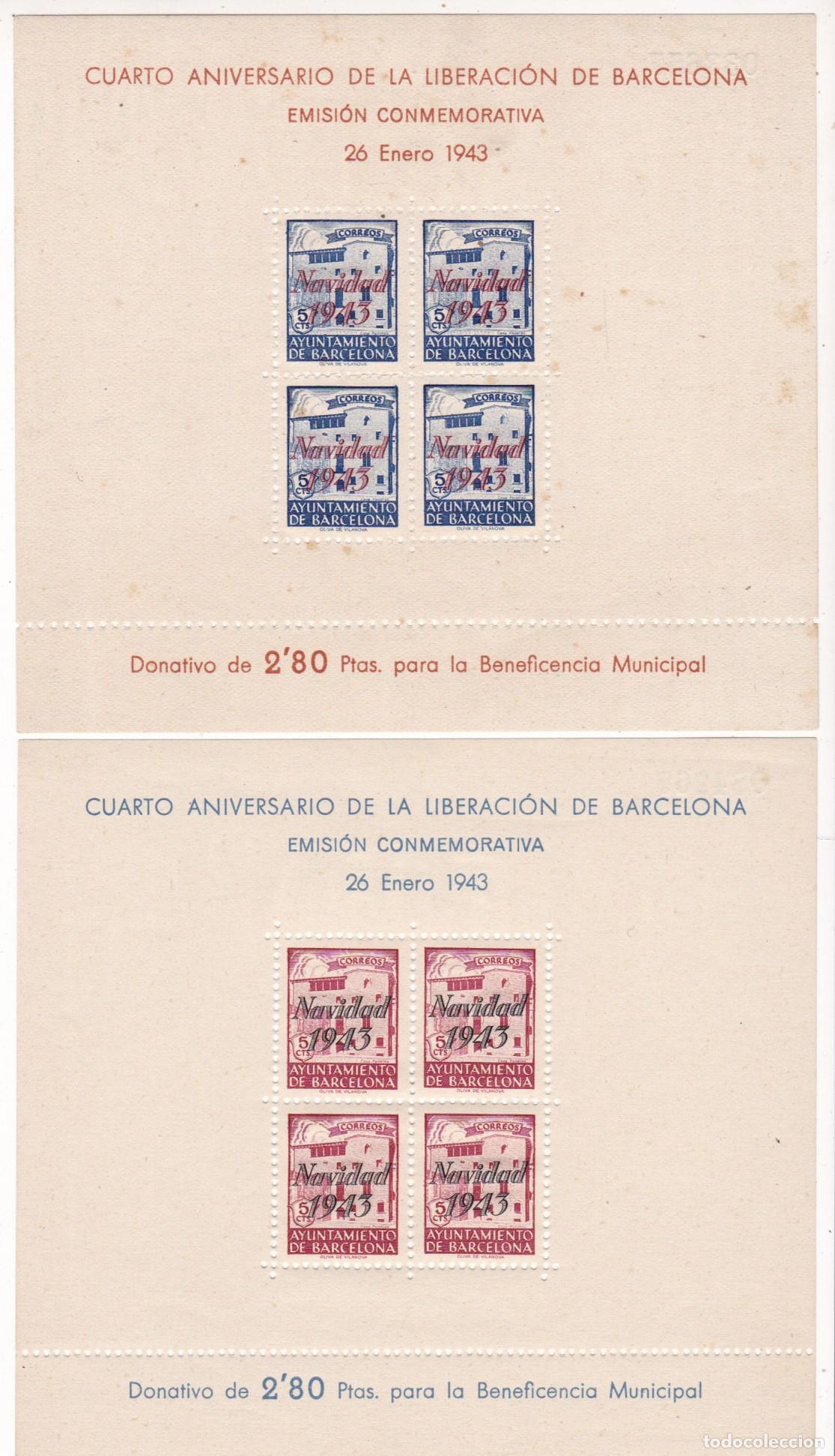 Sellos: F6-61-Ayuntamiento Barcelona Hojas Bloque NAVIDAD 1943 Edifil 53/54** Sin Fijasellos