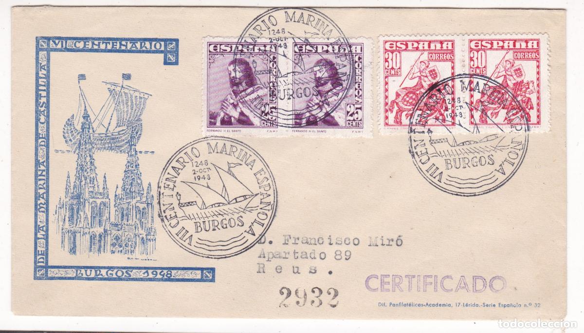 Sellos: F6-63- Sobre Certificado Matasellos Especial CENTENARIO MARINA Burgos 1948