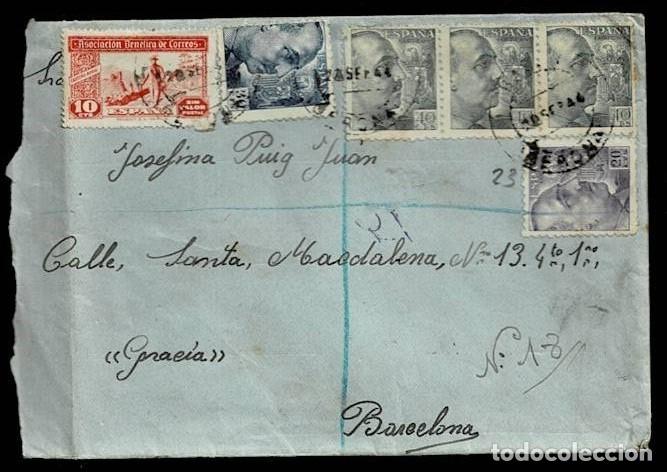 Sellos: C15-1-23 ESPA&Ntilde;A Historia Postal Circulado con franqueo TRICOLOR de Franco y Ejemplar de BENEFICENCI