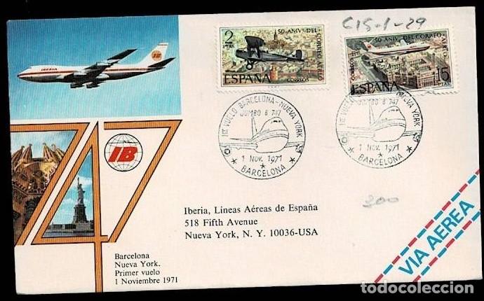 Sellos: C15-1-29 ESPA&Ntilde;A Historia Postal SOBRE DEL PRIMER VUELO DE BARCELONA A NUEVA YORK . EL 1 NOV 1971 Ve