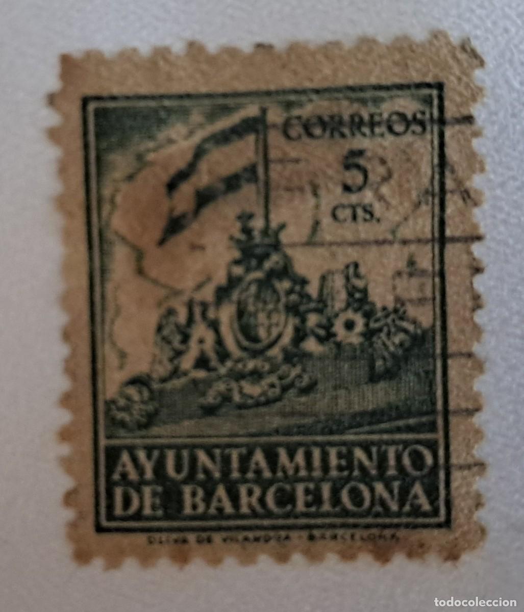 Sellos: sello de Espa&ntilde;a usado, ayuntamiento de Barcelona, 5 cts.