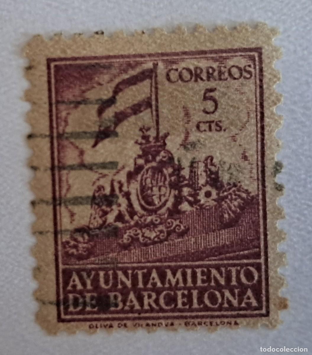 Sellos: sello de Espa&ntilde;a usado, ayuntamiento de Barcelona, 5 cts.
