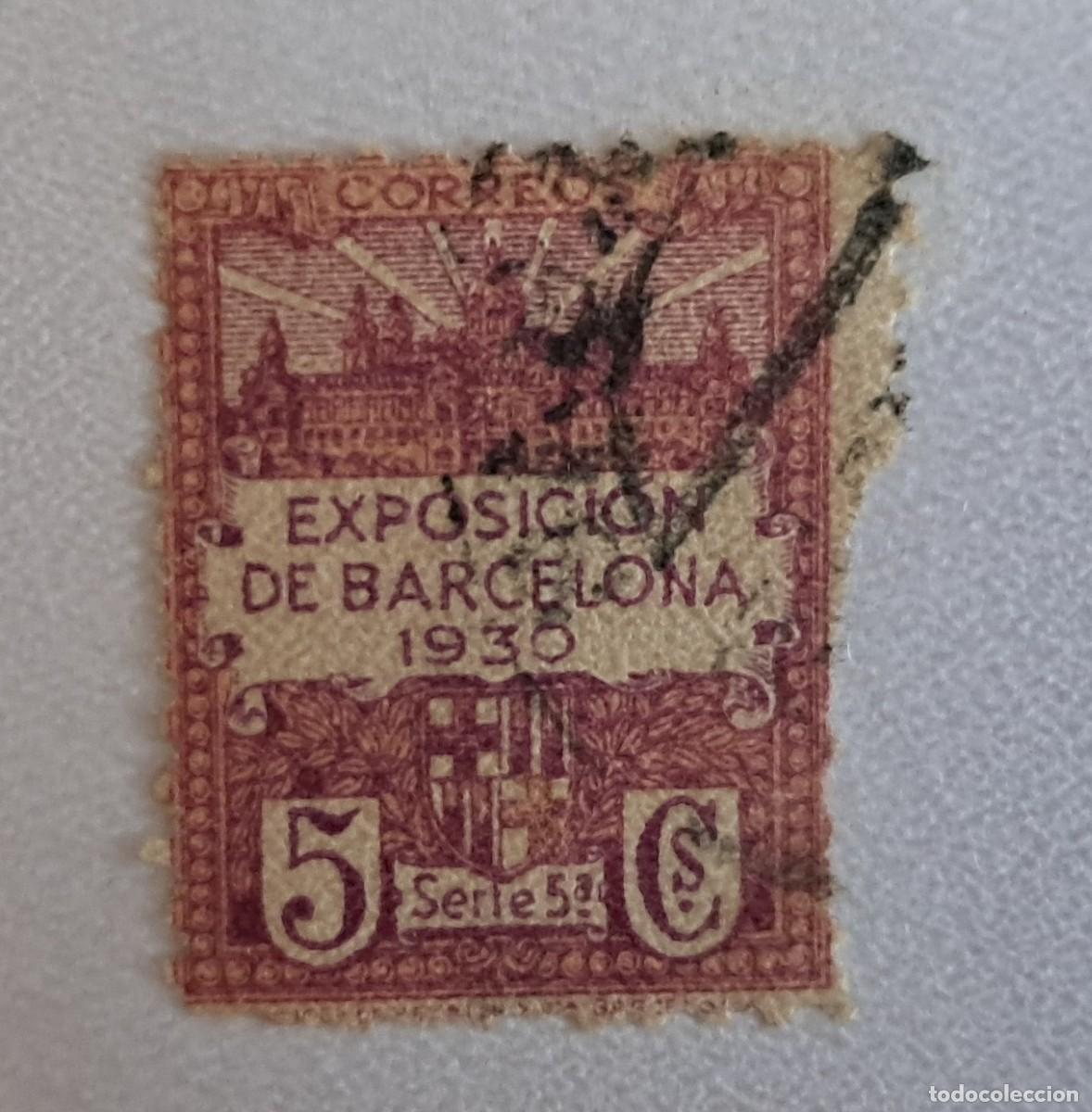 Sellos: sello usado, ayuntamiento de Barcelona, 5 ctos. serie 5&ordf;, exposici&oacute;n Barcelona a&ntilde;o 1930