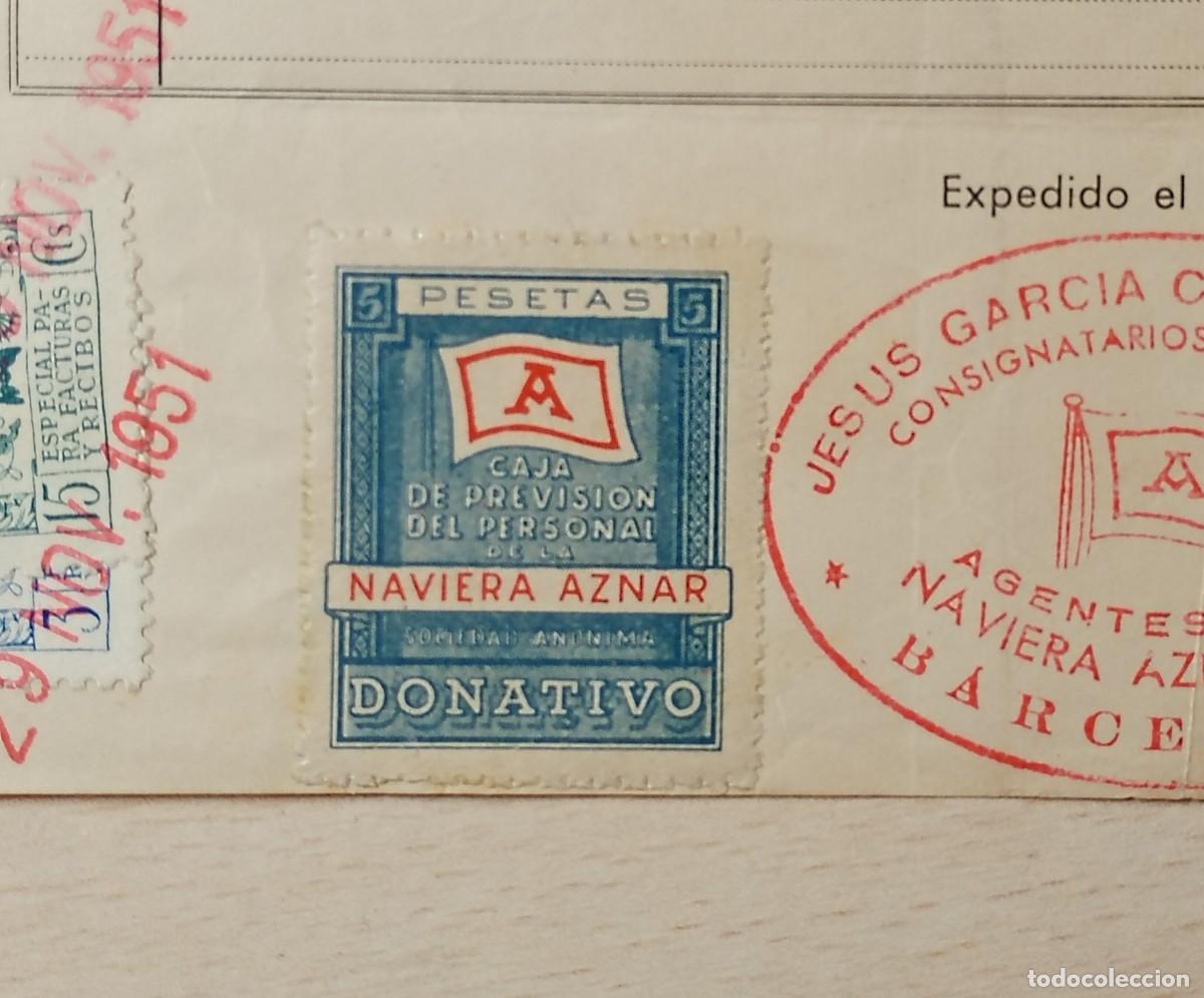 Sellos: NAVIERA AZNAR. 1951. CAJA PREVISI&Oacute;N 5 PESETAS. RARO TIMBRE EN DOCUMENTO EMBARQUE EMIGRANTES