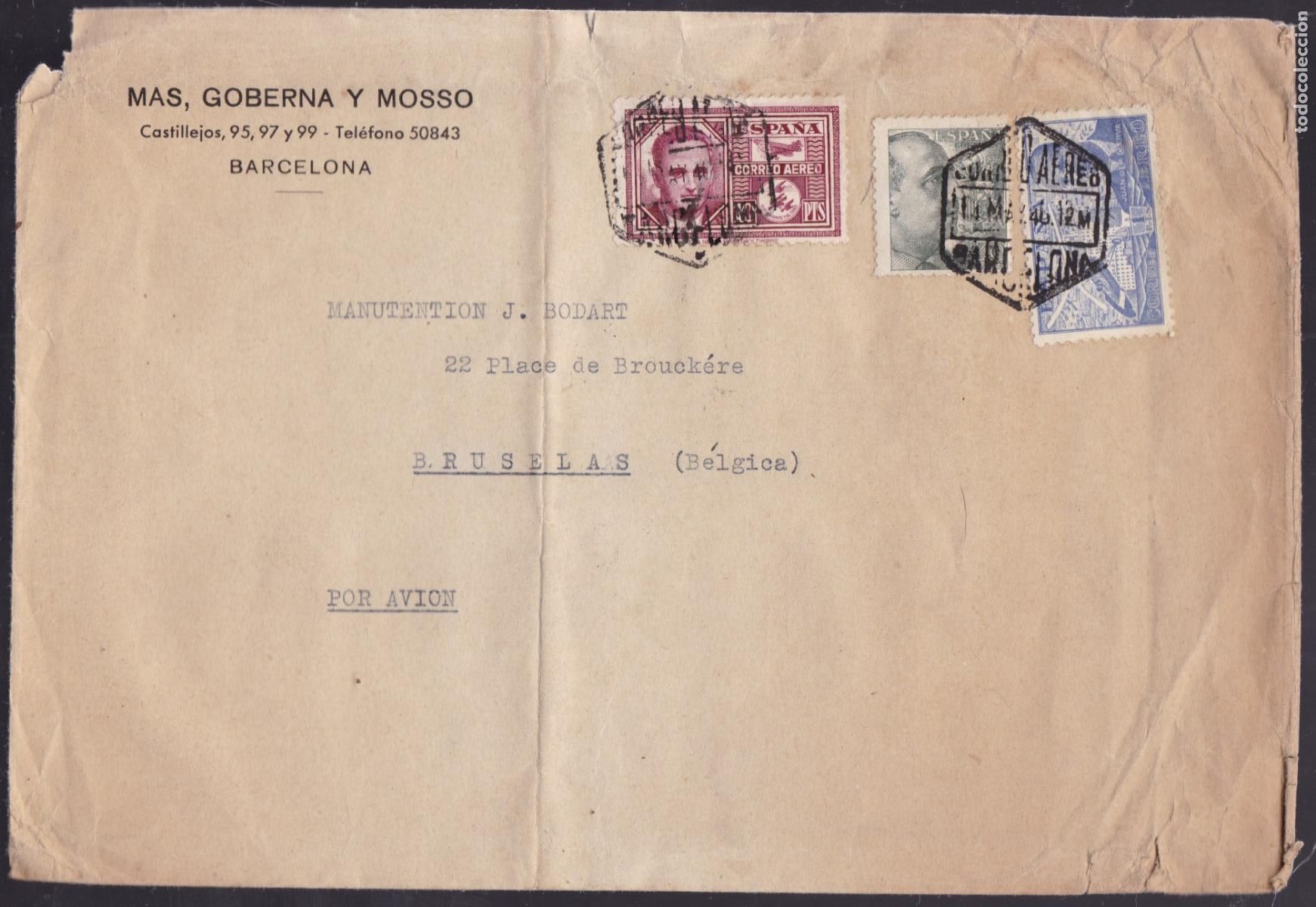 Sellos: HP3-1- Carta Barcelona- Belgica 1946 Con Sello 10 Ptas Garc&iacute;a Morato (Edifil 992) en Carta. RARO
