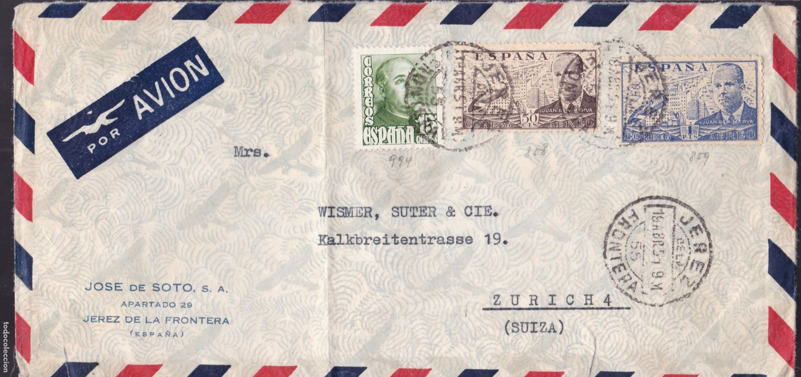 Sellos: HP3-1- Carta JEREZ de la FRONTERA - SUIZA 1951. Vi&ntilde;eta Cierre Jose de Soto