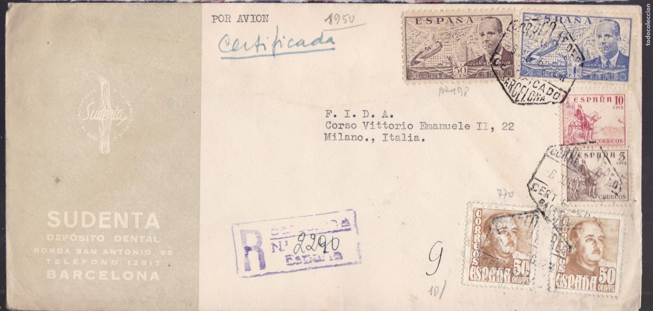 Sellos: HP3-1- Carta Certificado BARCELONA- ITALIA 1950
