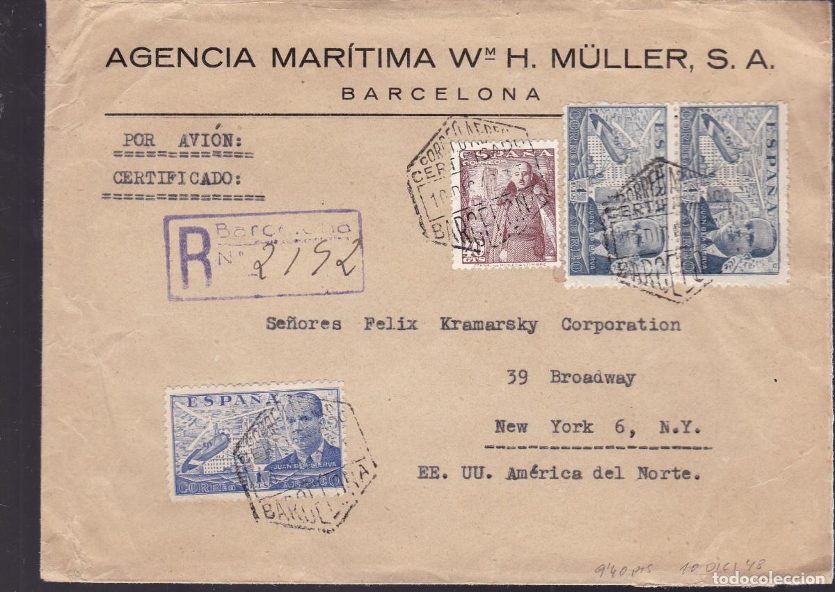 Sellos: HP3-1- Carta Certificado BARCELONA- NUEVA YORK 1948