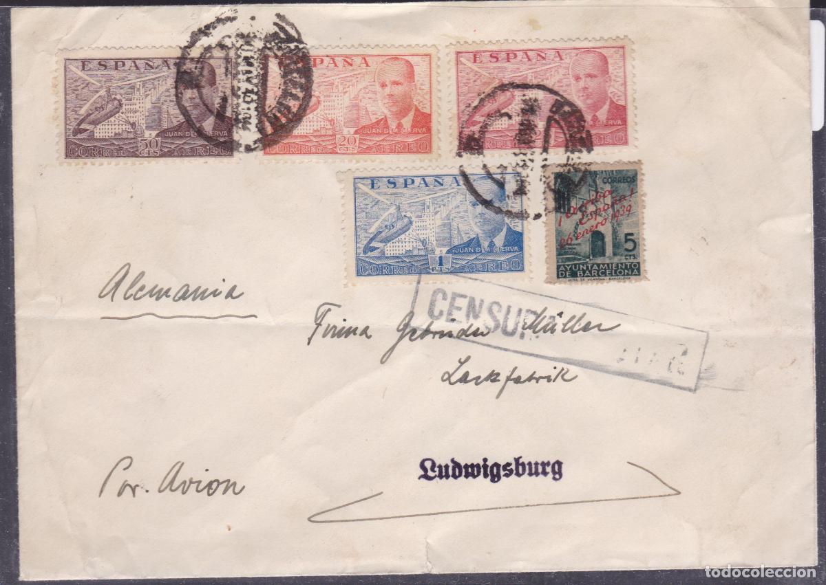 Sellos: HP3-4- Carta BARCELONA -ALEMANIA 1939. CENSURA