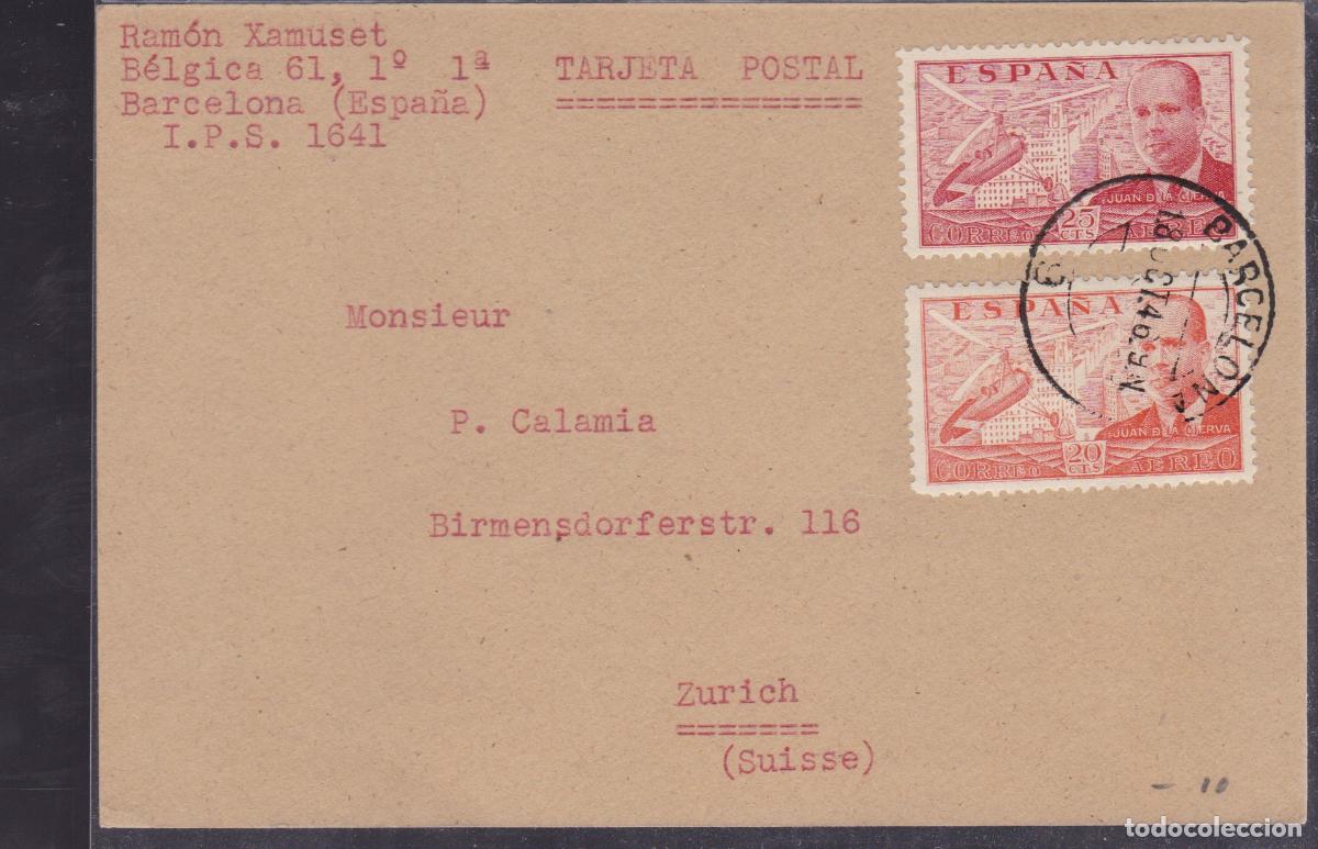 Sellos: HP3-6- Tarjeta Postal BARCELONA-SUIZA 1946. Intercambio Sellos