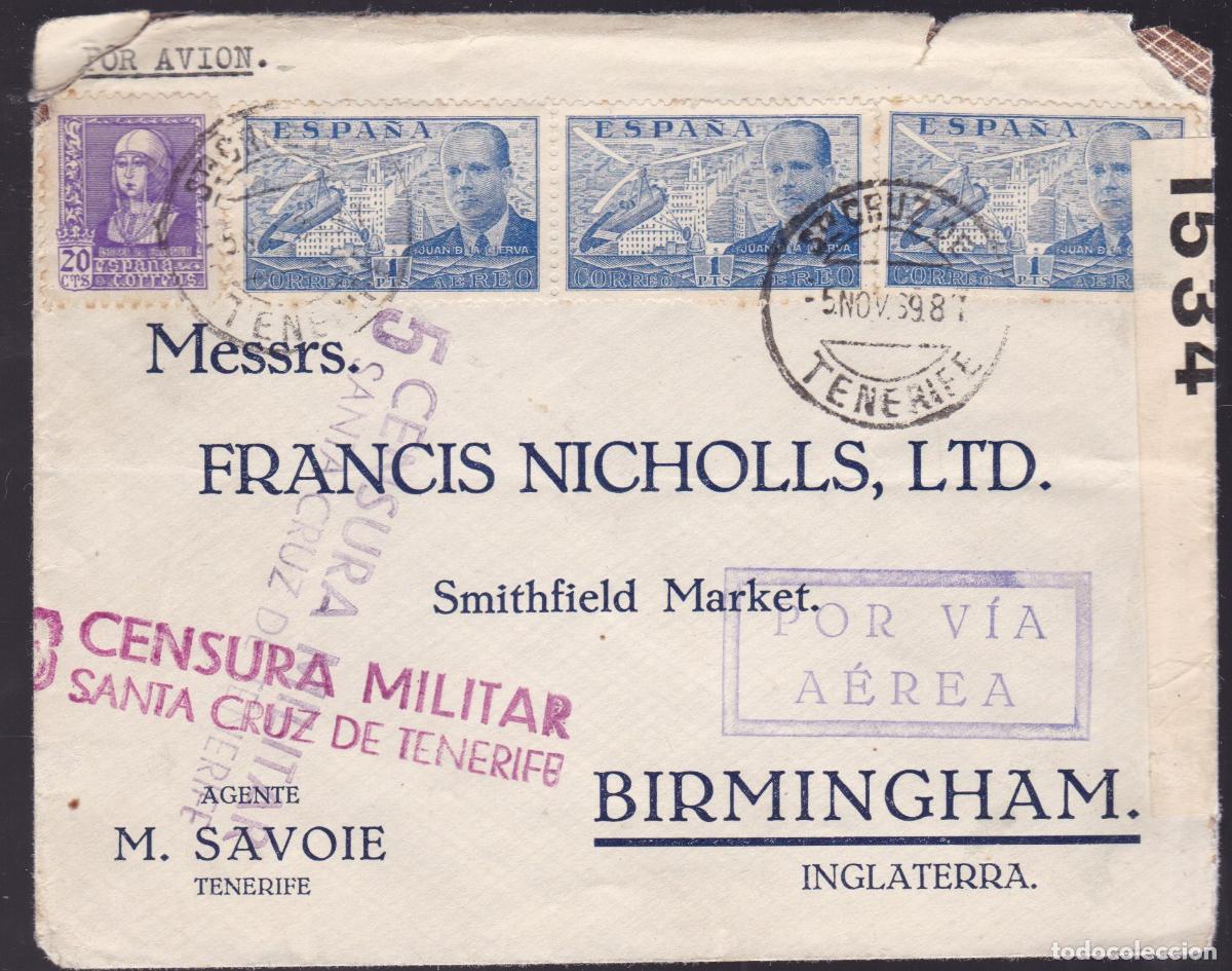 Sellos: HP3-10- Carta SANTA CRUZ TENERIFE -INGLATERRA 1939. Censura