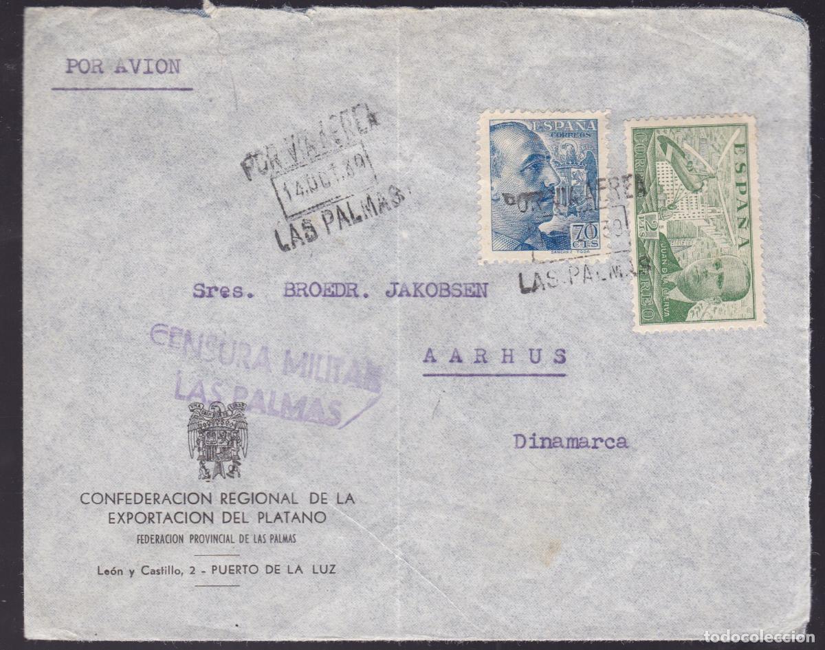 Sellos: HP3-11- Carta LAS PALMAS -DINAMARCA 1939. Censura .Confederacion Exportaci&oacute;n del Pl&aacute;tano