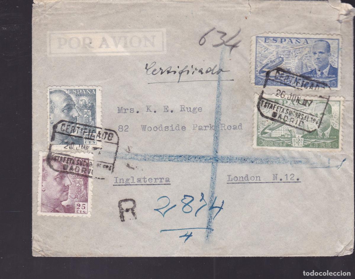 Sellos: HP3-13- Carta Certificada MADRID -LONDRES 1947 .