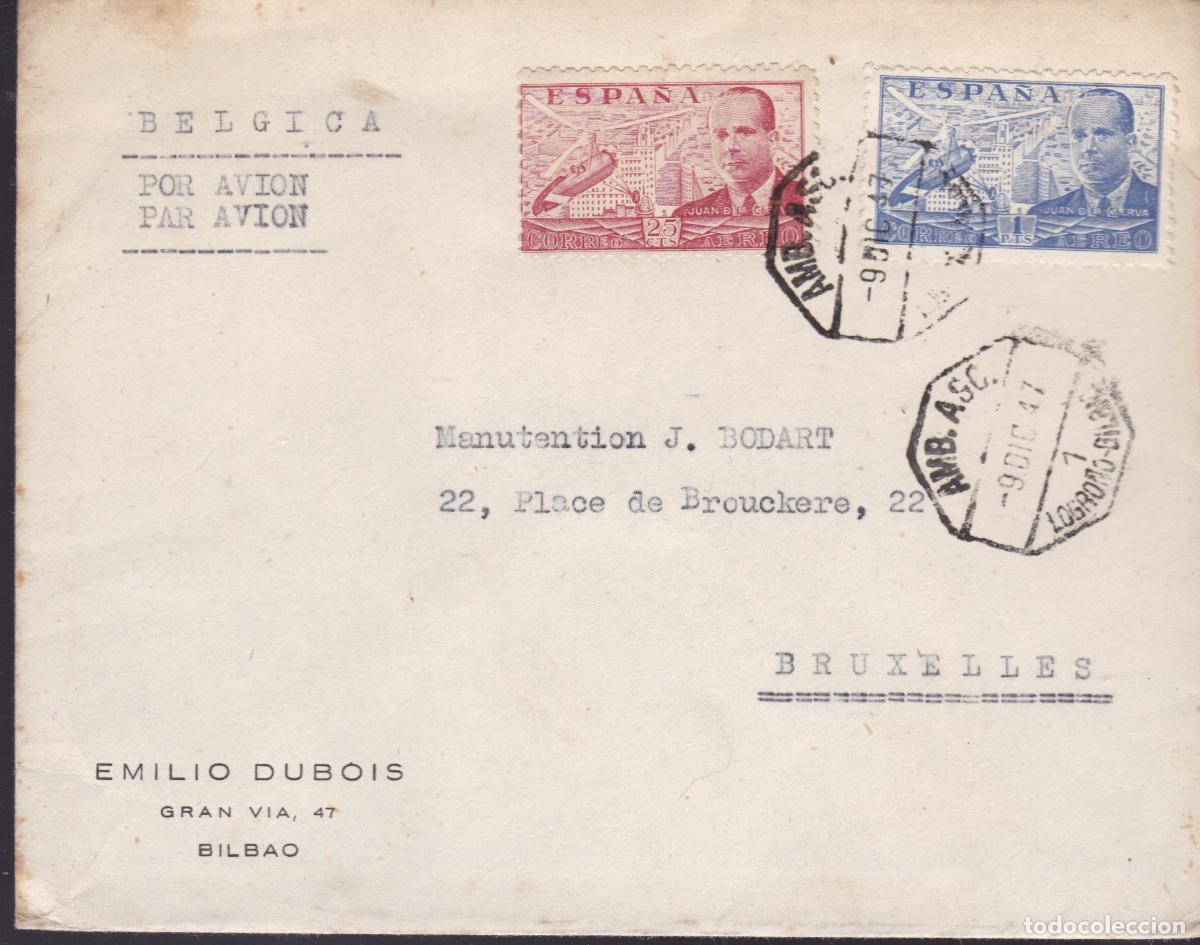Sellos: HP3-13- Carta BILBAO- BELGICA 1947 ..Ambulante 1 Logro&ntilde;o-Bilbao