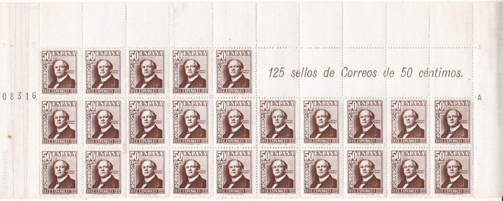 Sellos: FC-110- FERROCARRILES Edifil 1037. Cabecera de Pliego con 25 Sellos ** Sin Fijasellos