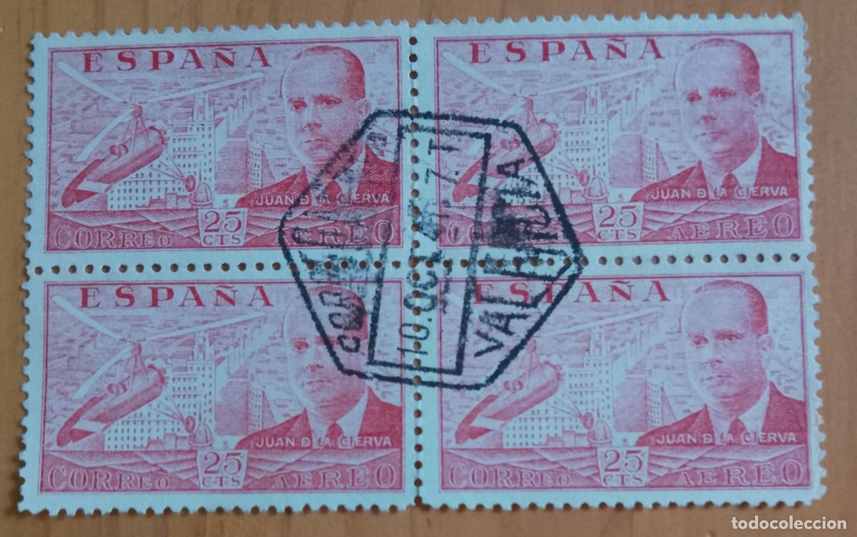 Sellos: TIRA 4 SELLOS, 25 CTS., JUAN DE LA CIERVA - EDIFIL 941, 1941-50 -MATASELLO: 10 OCT 47 VALENCIA