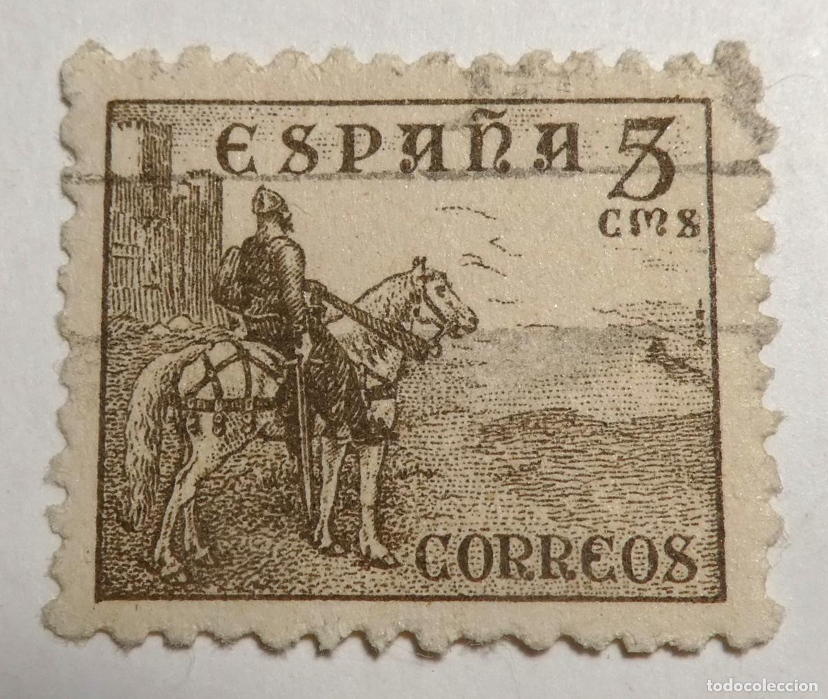 Sellos: Sello postal de Espa&ntilde;a 3 c&eacute;ntimos 1937 ,El Cid a caballo frente a un castillo