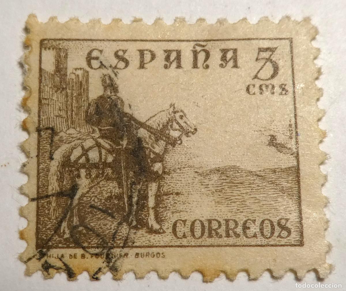 Sellos: Sello postal de Espa&ntilde;a 3 c&eacute;ntimos 1937 ,El Cid a caballo frente a un castillo