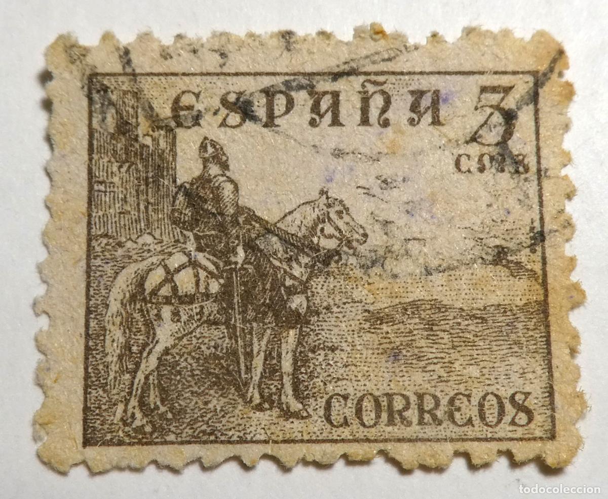 Sellos: Sello postal de Espa&ntilde;a 5 c&eacute;ntimos 1937 ,El Cid a caballo frente a un castillo