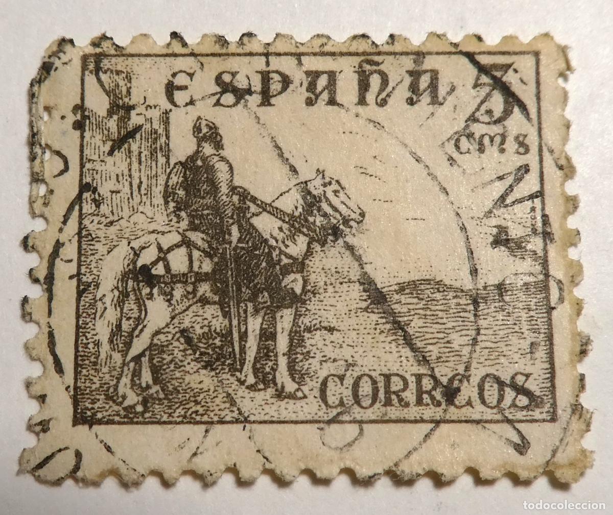 Sellos: Sello postal de Espa&ntilde;a 5 c&eacute;ntimos 1937 ,El Cid a caballo frente a un castillo