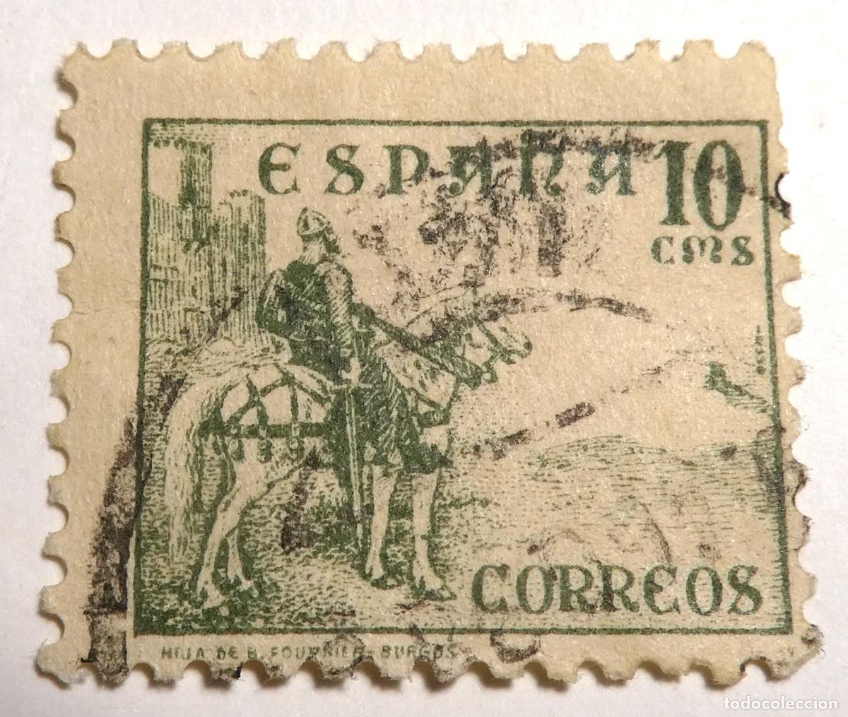 Sellos: Sello postal de Espa&ntilde;a 10 c&eacute;ntimos 1937 ,El Cid a caballo frente a un castillo