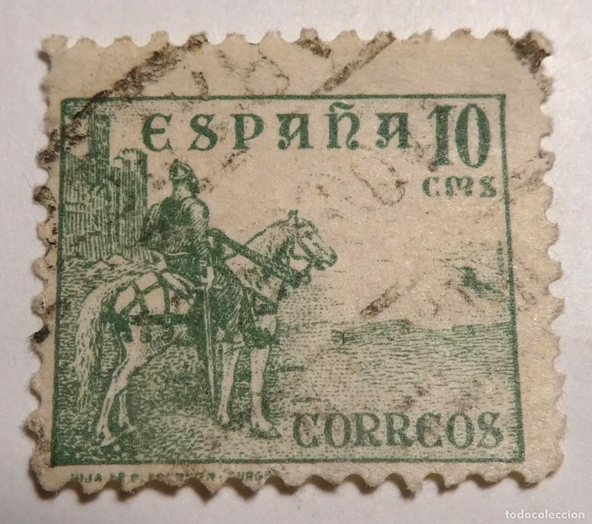 Sellos: Sello postal de Espa&ntilde;a 10 c&eacute;ntimos 1937 ,El Cid a caballo frente a un castillo