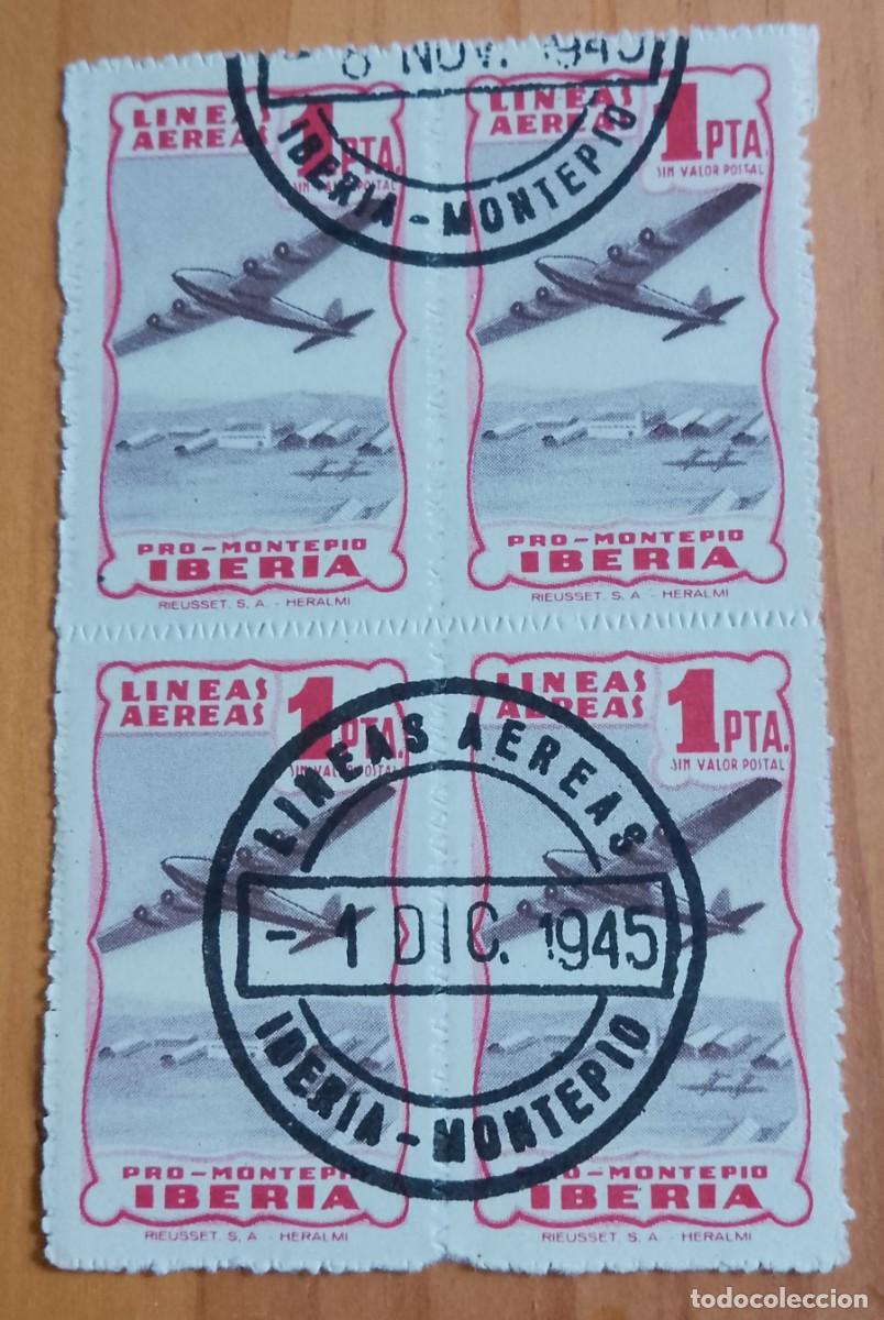 Sellos: TIRA VI&Ntilde;ETA 4 SELLOS - 1 PTA. - LINEAS A&Eacute;REAS - PRO-MONTEPIO IBERIA - MA. IDENT.: 1 DIC. 1945
