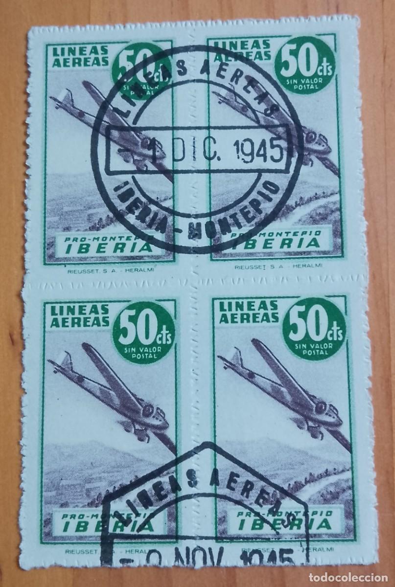 Sellos: TIRA VI&Ntilde;ETA 4 SELLOS - 1 PTA. - LINEAS A&Eacute;REAS - PRO-MONTEPIO IBERIA - MA. IDENT.: 1 DIC. 1945