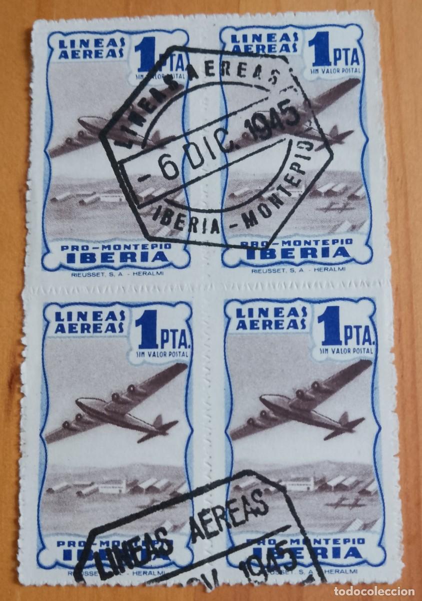 Sellos: TIRA VI&Ntilde;ETA 4 SELLOS DE 1 PTA. - PRO-MONTEPIO IBERIA, LINEAS A&Eacute;REAS - MAT. IDENTIFICATIVO 6 DIC 1945