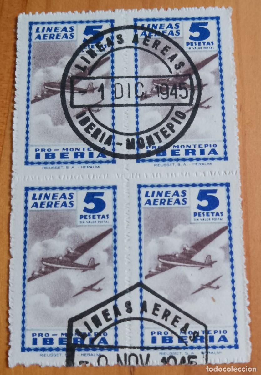 Sellos: TIRA VI&Ntilde;ETA 4 SELLOS DE 5 PTA. - PRO-MONTEPIO IBERIA, LINEAS A&Eacute;REAS - MAT. IDENTIFICATIVO 6 DIC 1945