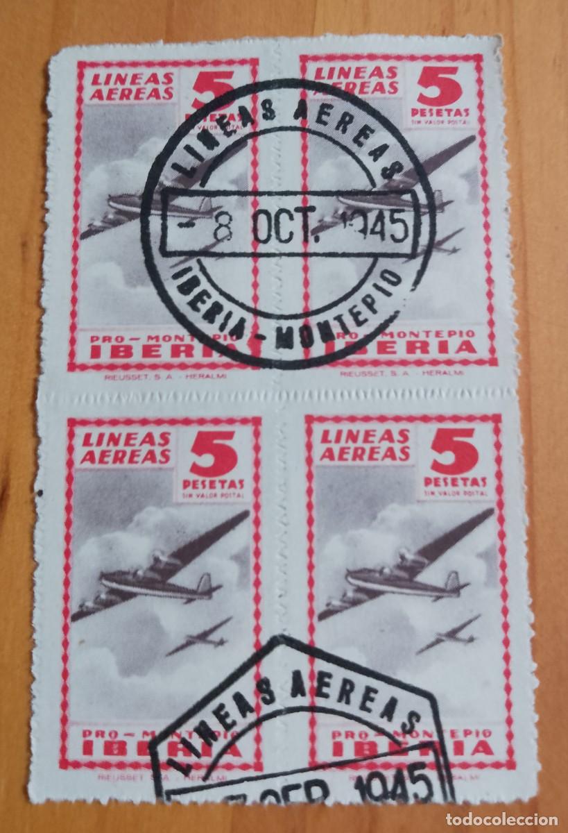 Sellos: TIRA VI&Ntilde;ETA 4 SELLOS DE 5 PTA. - PRO-MONTEPIO IBERIA, LINEAS A&Eacute;REAS - MAT. IDENTIFICATIVO 6 DIC 1945