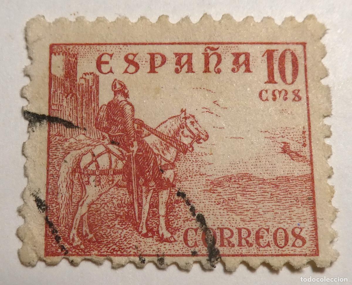 Sellos: Sello postal de Espa&ntilde;a 10 c&eacute;ntimos 1937, El Cid a caballo frente a un castillo