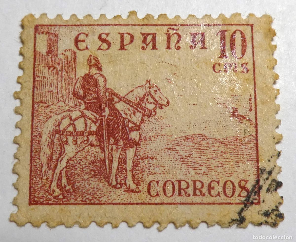 Stamps: Sello postal de Espa&ntilde;a 10 c&eacute;ntimos 1937, El Cid a caballo frente a un castillo