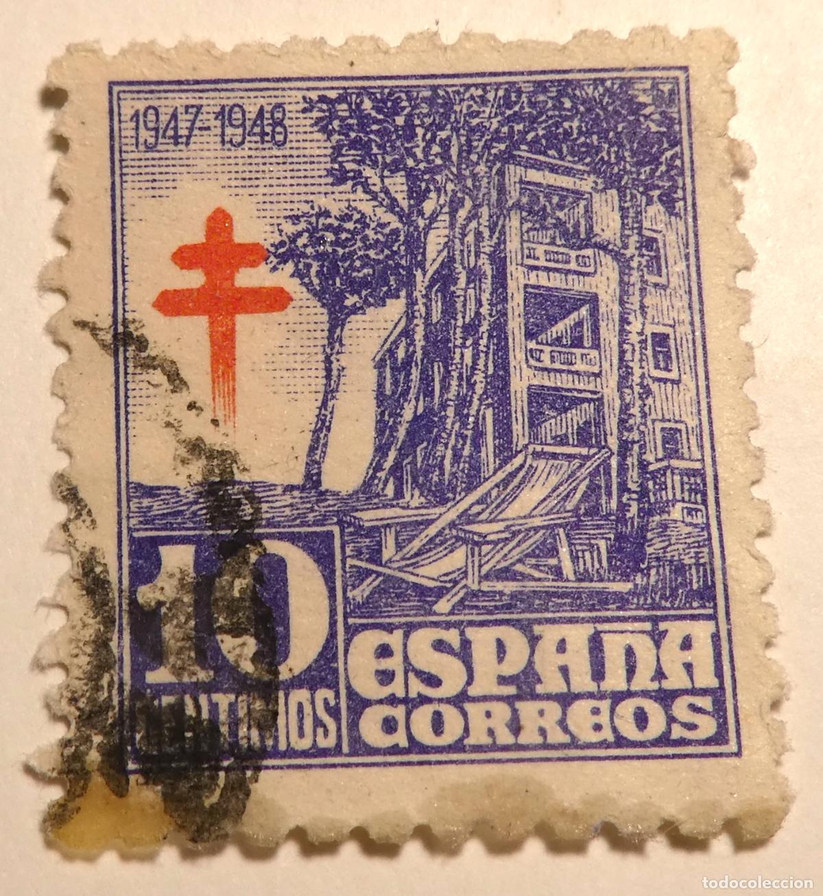 Sellos: Sello postal de Espa&ntilde;a 10 c&eacute;ntimos de 1947, lucha antituberculosa sanatorio y la cruz de Lorena