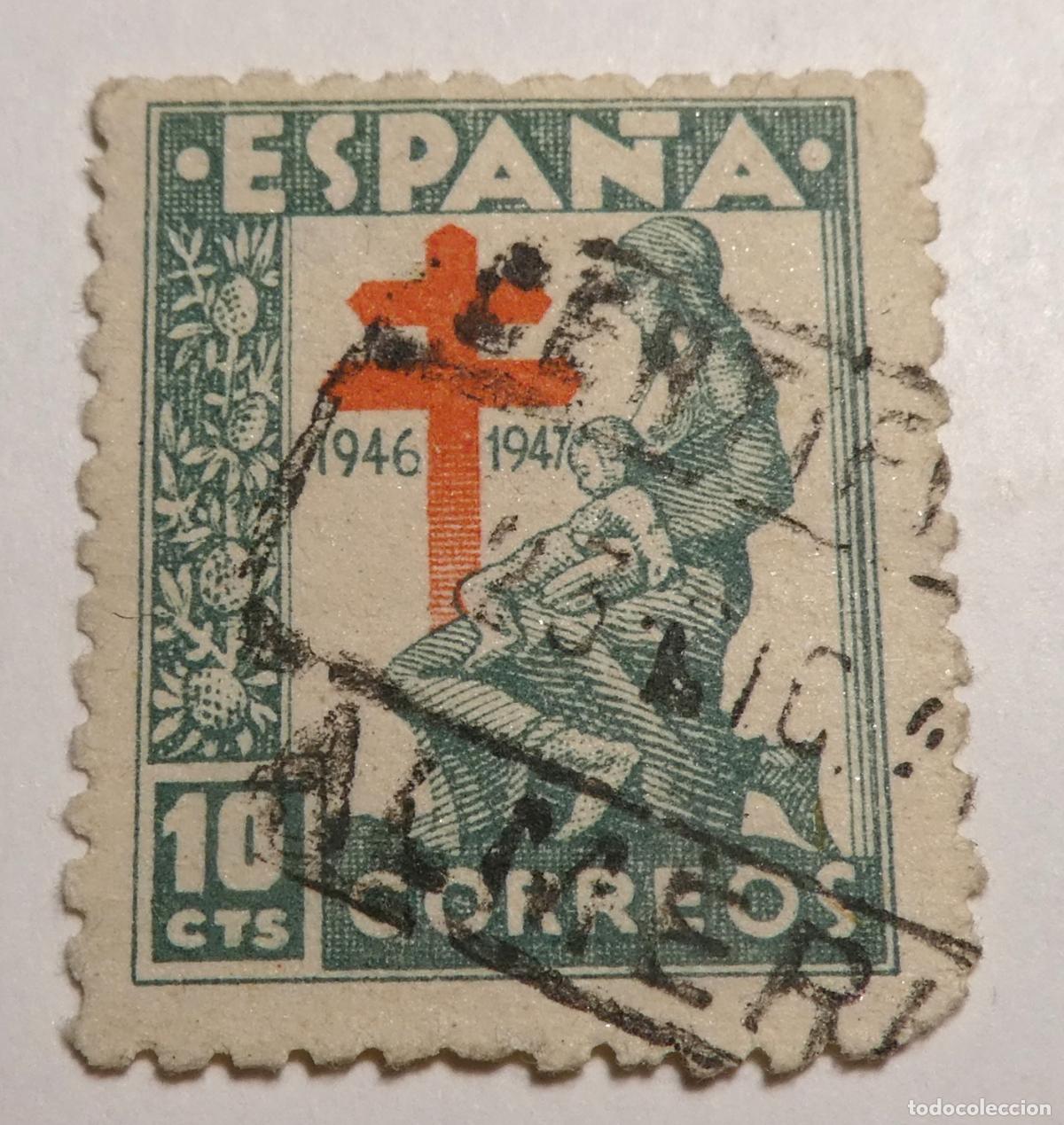 Sellos: Sello postal de Espa&ntilde;a 10 c&eacute;ntimos de 1946, Pro Tuberculosos Cruz de Lorena en color rojo