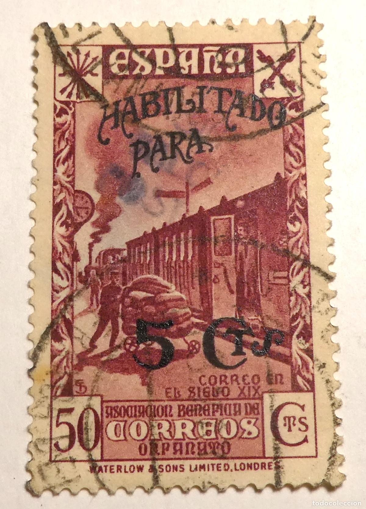 Sellos: Sello postal de beneficencia de Espa&ntilde;a de 1940, sobrecarga de 5 cts. sobre 50 cts.