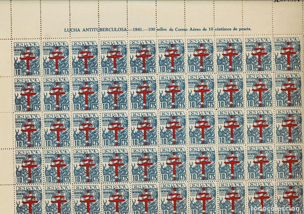 Sellos: Espa&ntilde;a PRO TUBERCULOSOS Edifil n&ordm; 951 Valor 10 cts CORREO AEREO Hoja completa de 100 ejemplares Sin