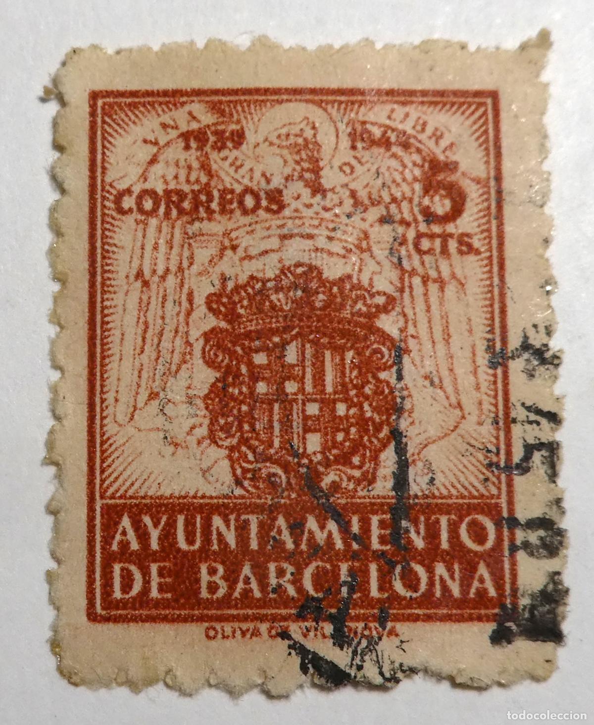Sellos: Sello postal de 5 centimos 1944 Ayuntamiento de Barcelona