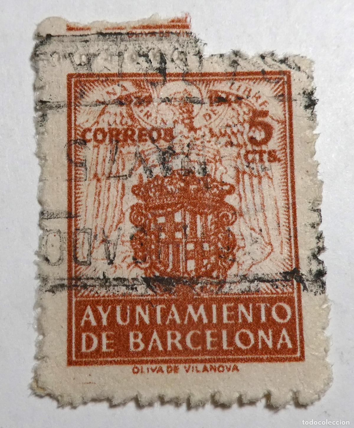 Sellos: Sello postal de 5 centimos 1944 Ayuntamiento de Barcelona