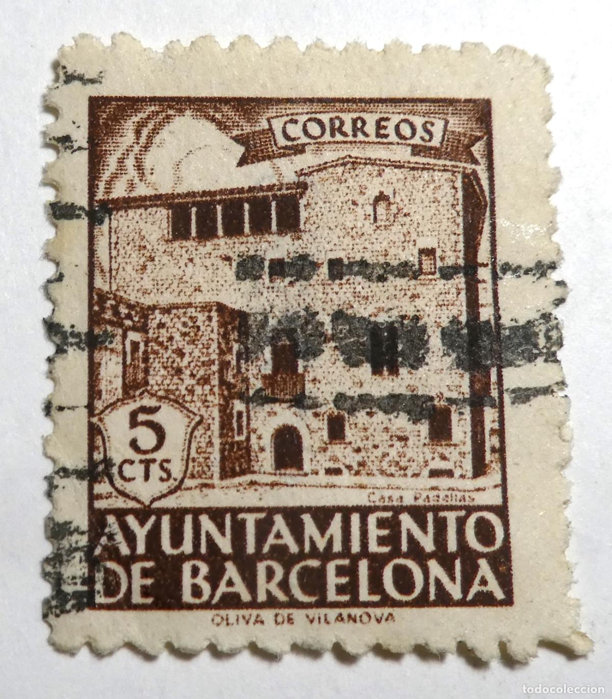 Sellos: Sello postal de 5 centimos 1943 Ayuntamiento de Barcelona