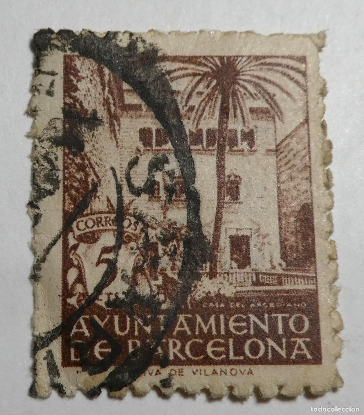 Sellos: Sello postal de 5 centimos 1943 Ayuntamiento de Barcelona