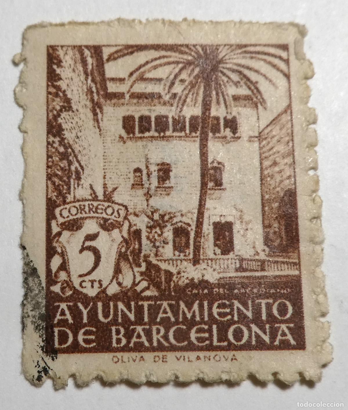 Sellos: Sello postal de 5 centimos 1943 Ayuntamiento de Barcelona