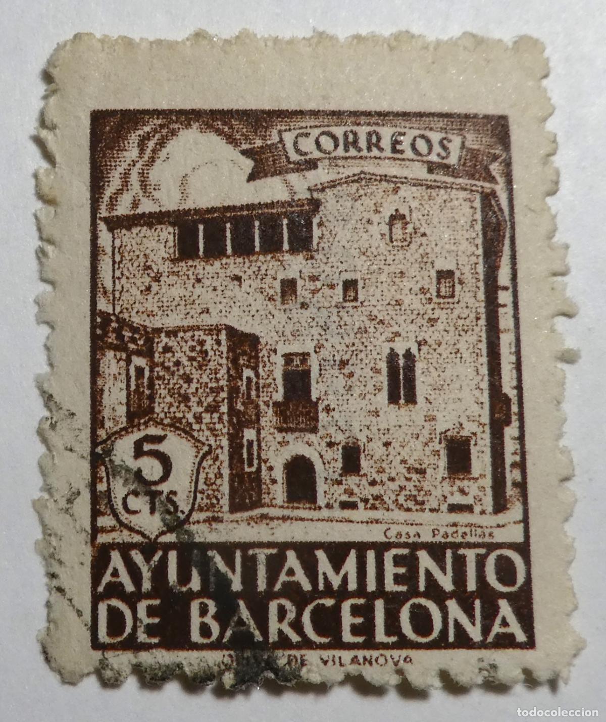 Sellos: Sello postal de 5 centimos 1943 Ayuntamiento de Barcelona