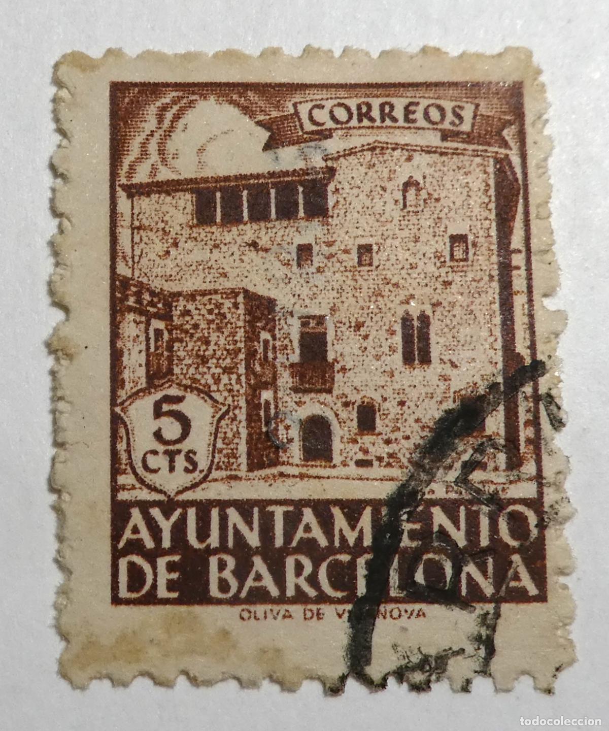 Sellos: Sello postal de 5 centimos 1943 Ayuntamiento de Barcelona