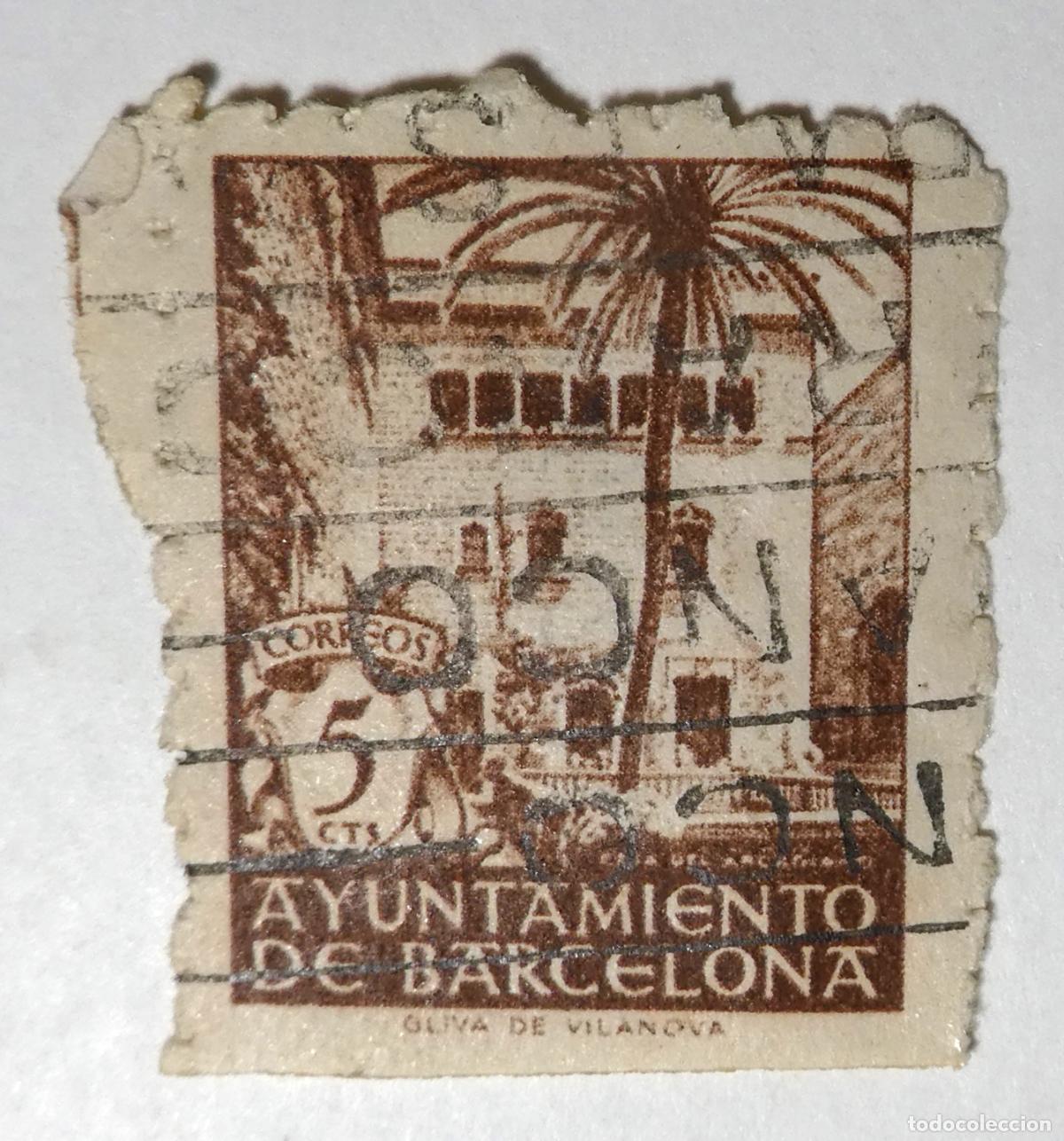 Sellos: Sello postal de 5 centimos 1943 Ayuntamiento de Barcelona