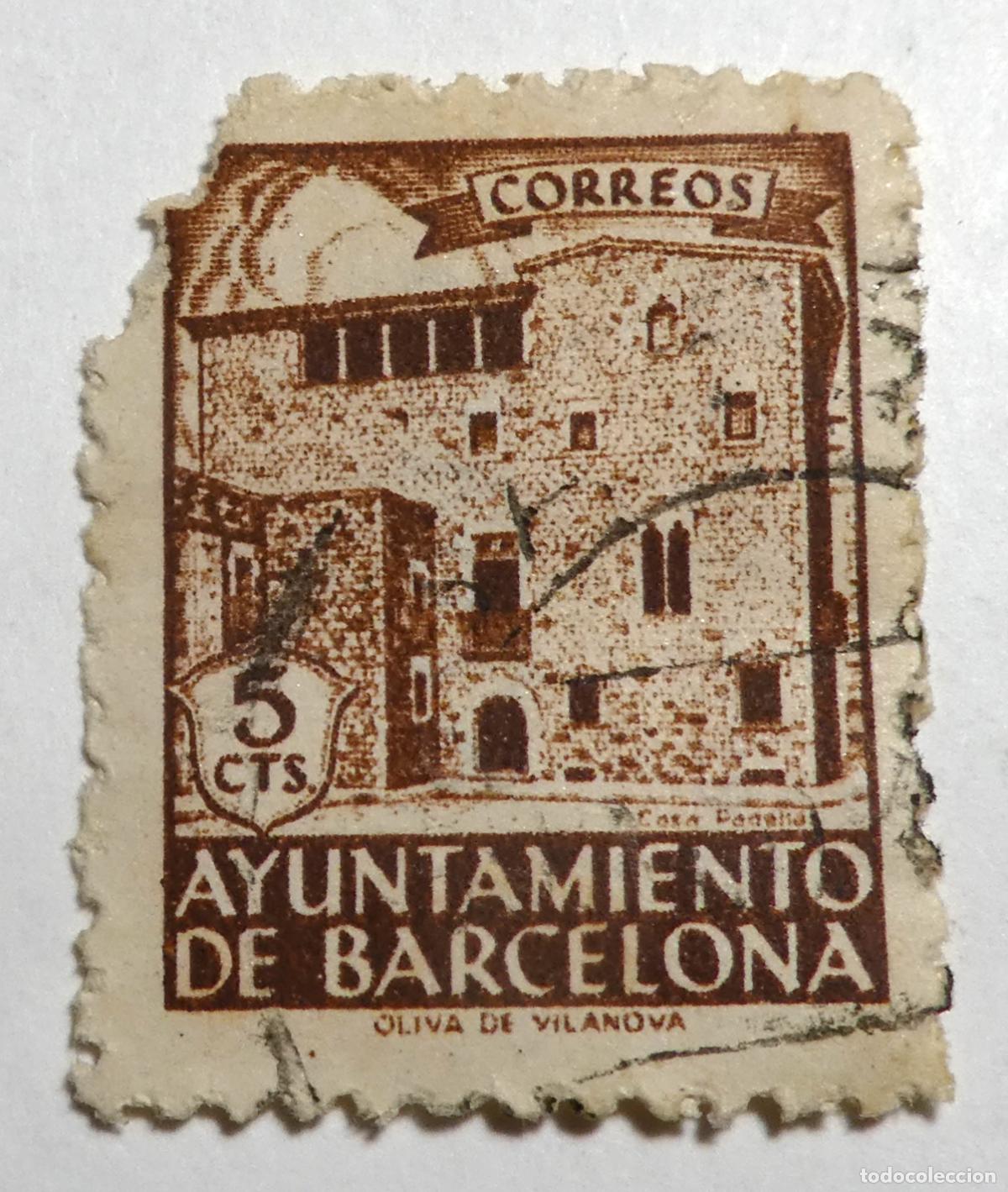 Sellos: Sello postal de 5 centimos 1943 Ayuntamiento de Barcelona