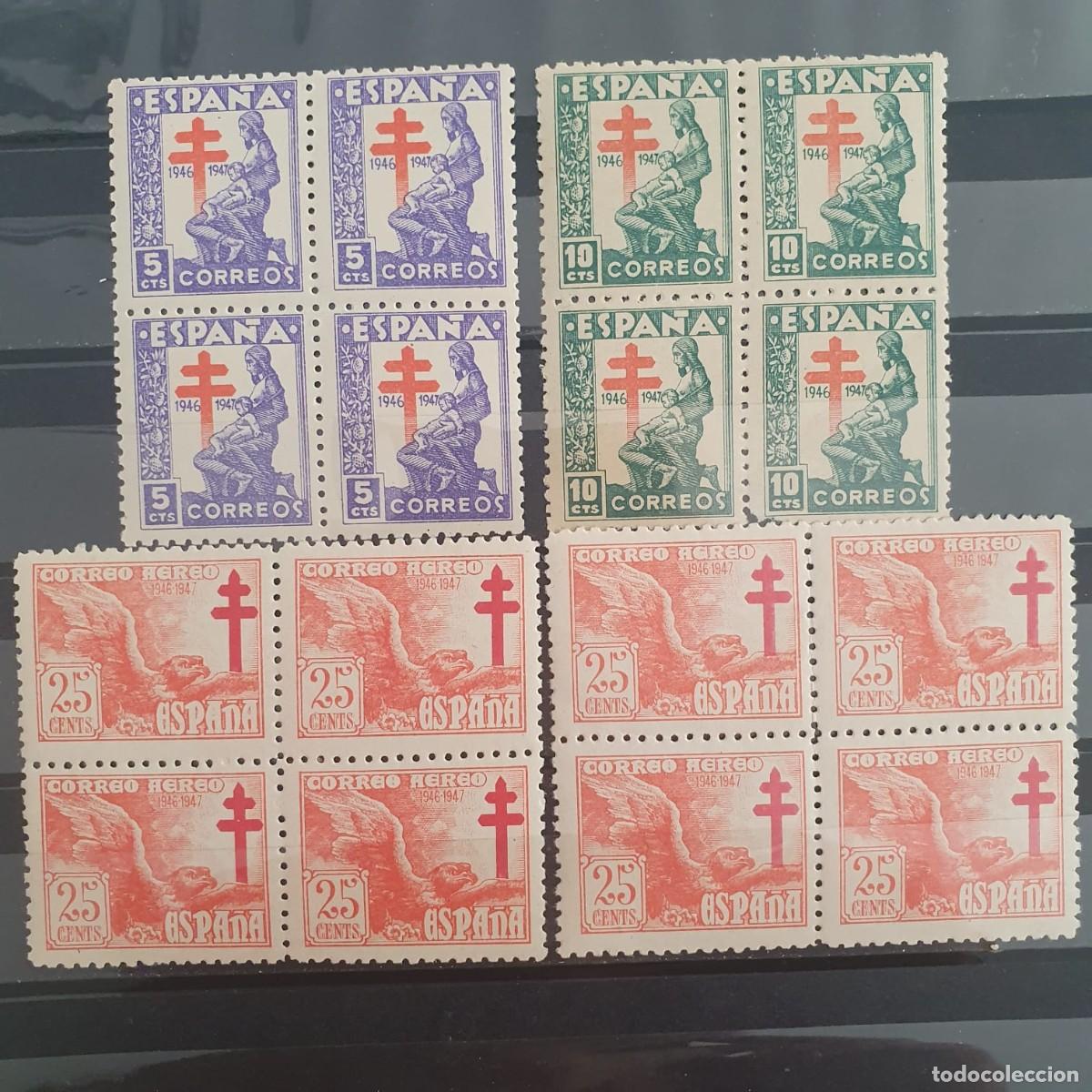 Sellos: EDIFIL 1008 ** A 1010 ** PROTUBERCULOSOS ESPA&Ntilde;A 1946 BLOQUE 4 CON VARIEDAD CRUZ LORENA DESPLAZADA