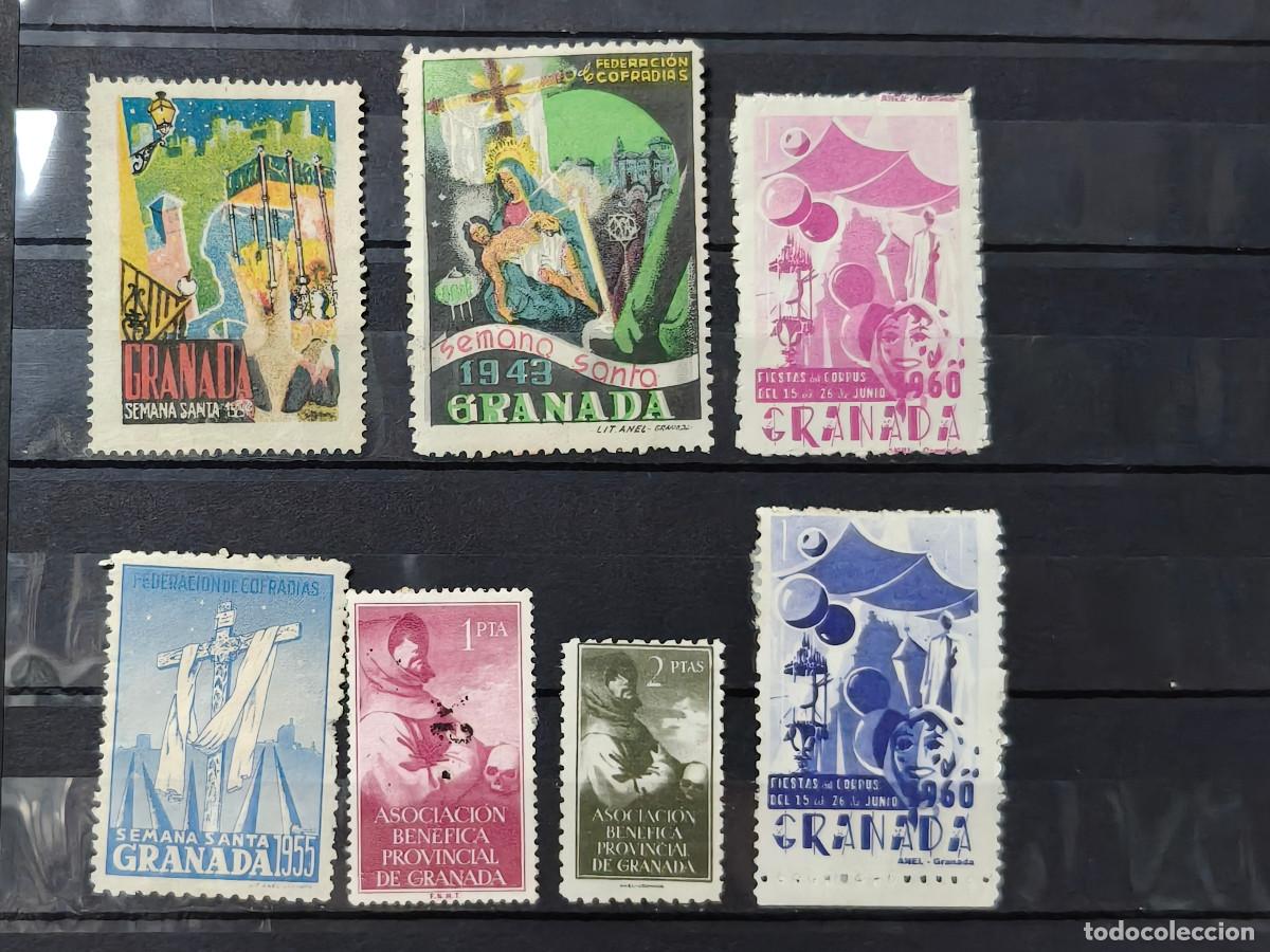 Sellos: Espa&ntilde;a lote 7 sellos vi&ntilde;etas Granada semana Santa, Beneficiencia sellos nuevos * usados